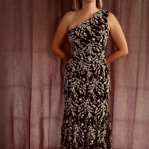 David Meister one shoulder black & ivory ball gown